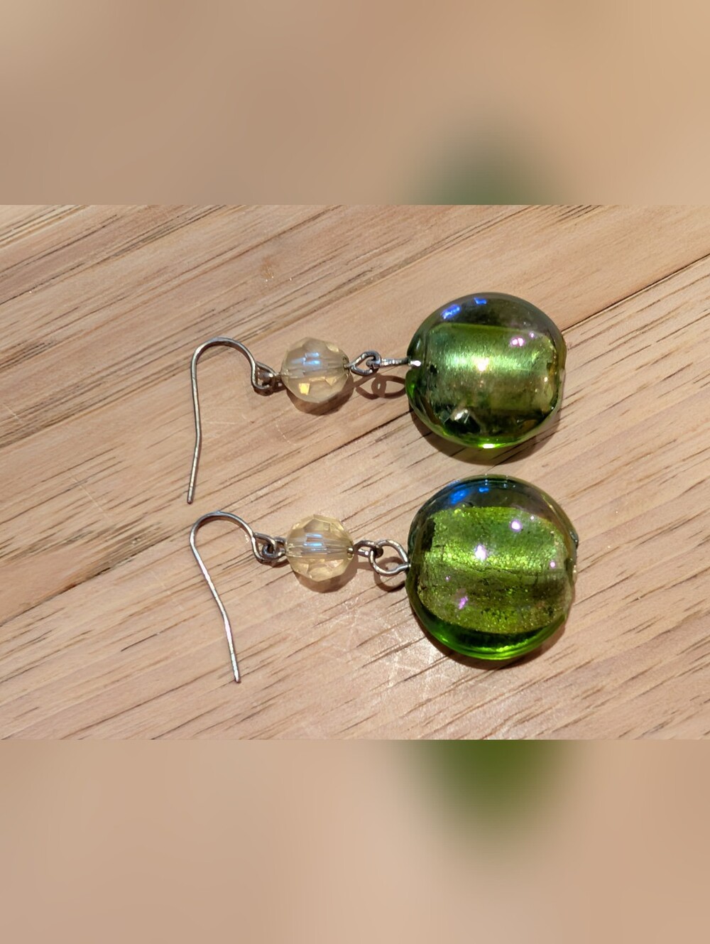 Source Unknown Green Glass Drop Earrings with Champagne Accent